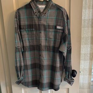 Columbia Men's Teal and Gray Plaid Shirt